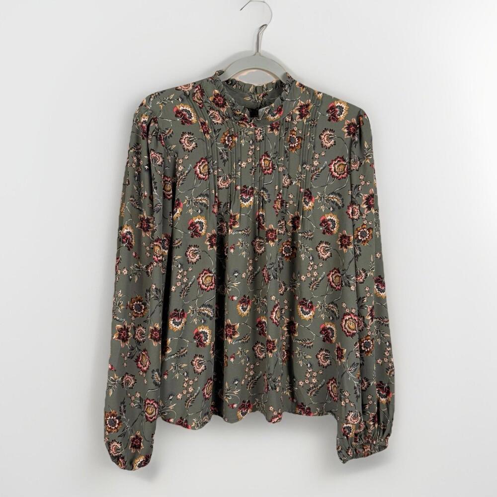 Joie Green Floral Pleated Chiffon High Neck Long Sleeve Blouse Regular Fit L